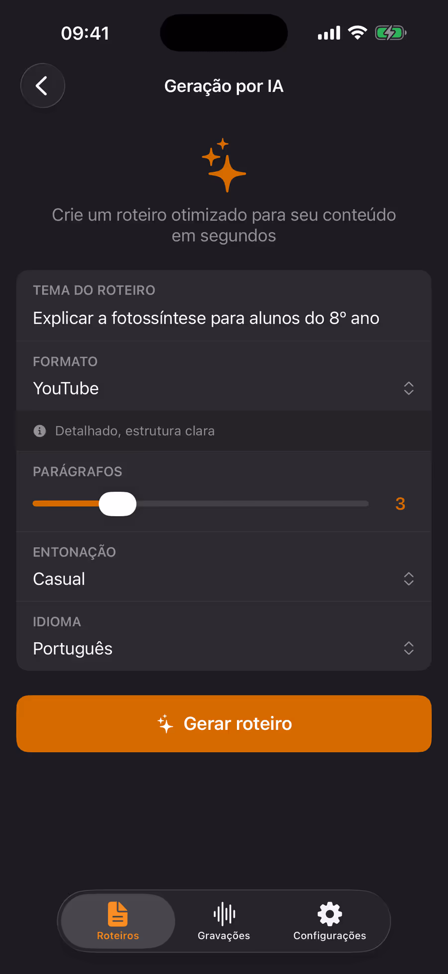Geração de roteiro com IA no Teleprompter Pro