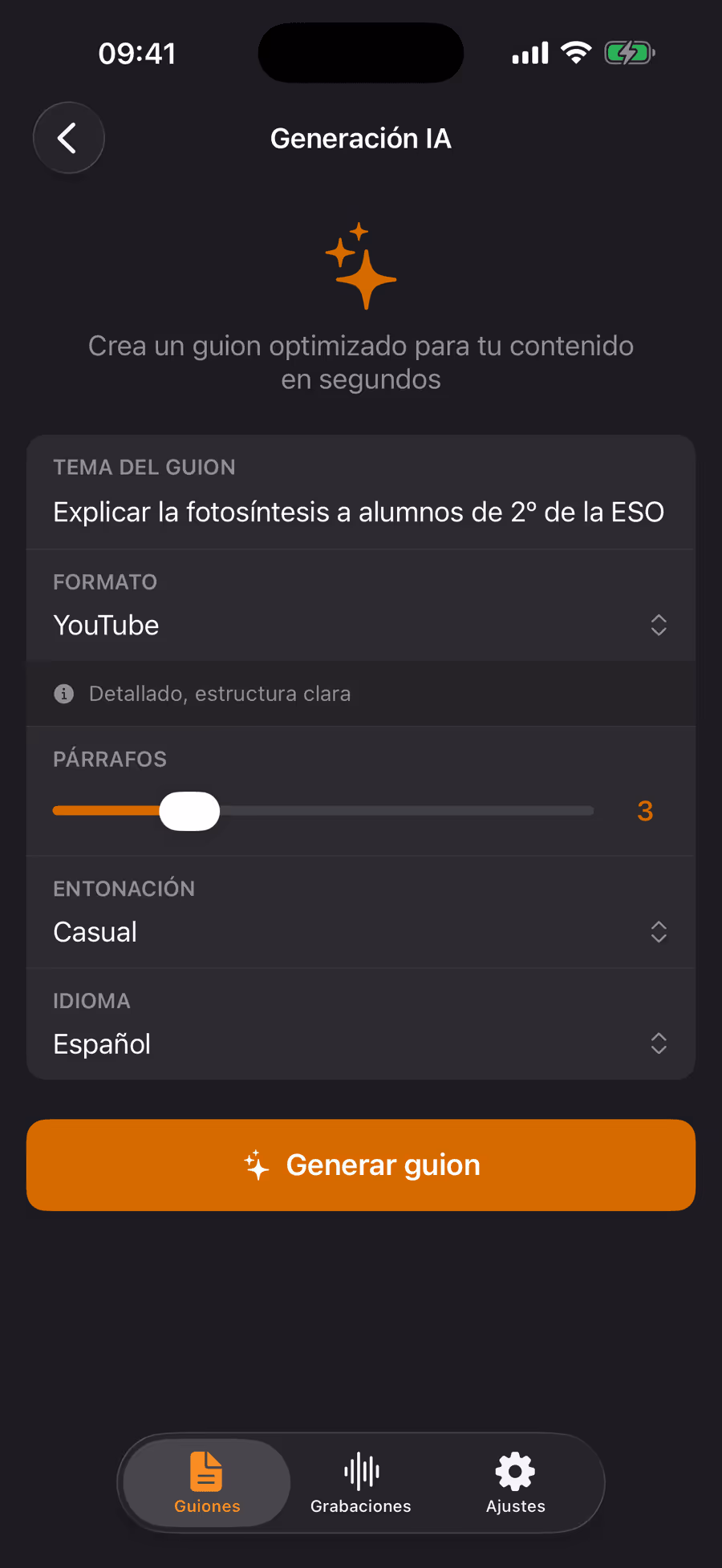 Generación de guiones con IA en Teleprompter Pro