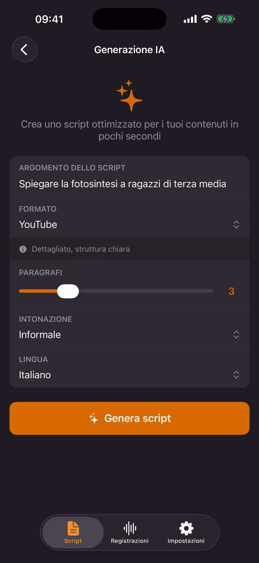 Generazione di script con l'IA in Teleprompter Pro