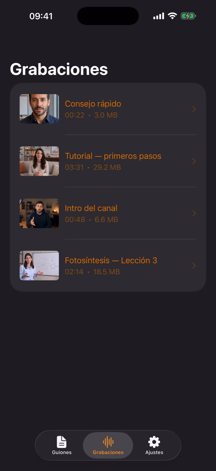 La pantalla Grabaciones de Teleprompter Pro, con videos listos para compartir