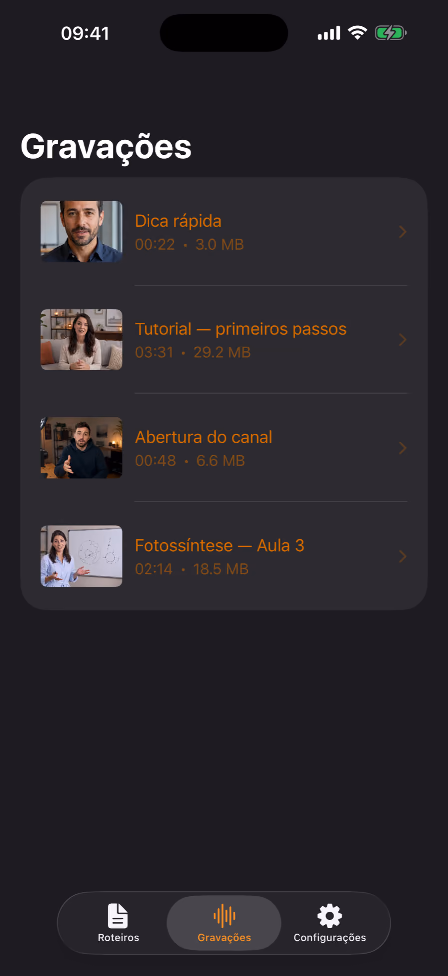 A tela Gravações do Teleprompter Pro, com vídeos prontos para compartilhar