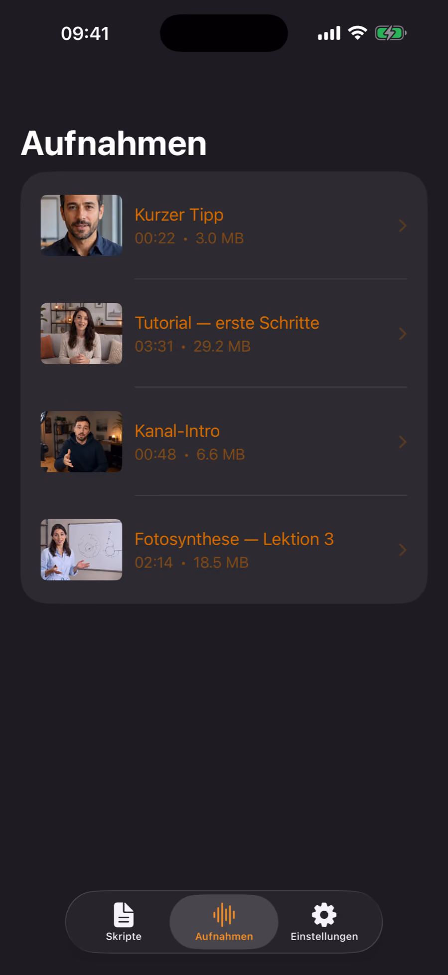 Der Bildschirm „Aufnahmen“ in Teleprompter Pro mit Videos, die bereit zum Teilen sind