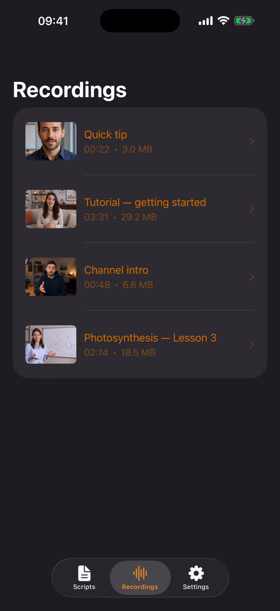 The Recordings screen in Teleprompter Pro, with videos ready to share