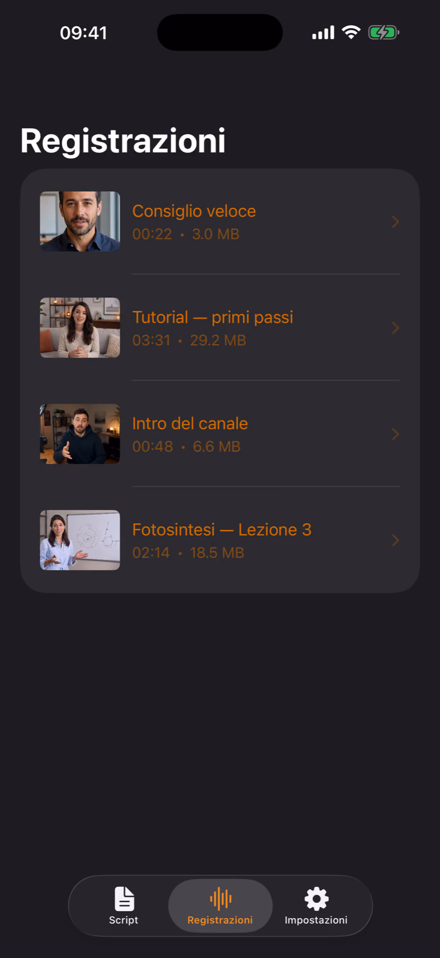 La schermata Registrazioni di Teleprompter Pro, con i video pronti da condividere