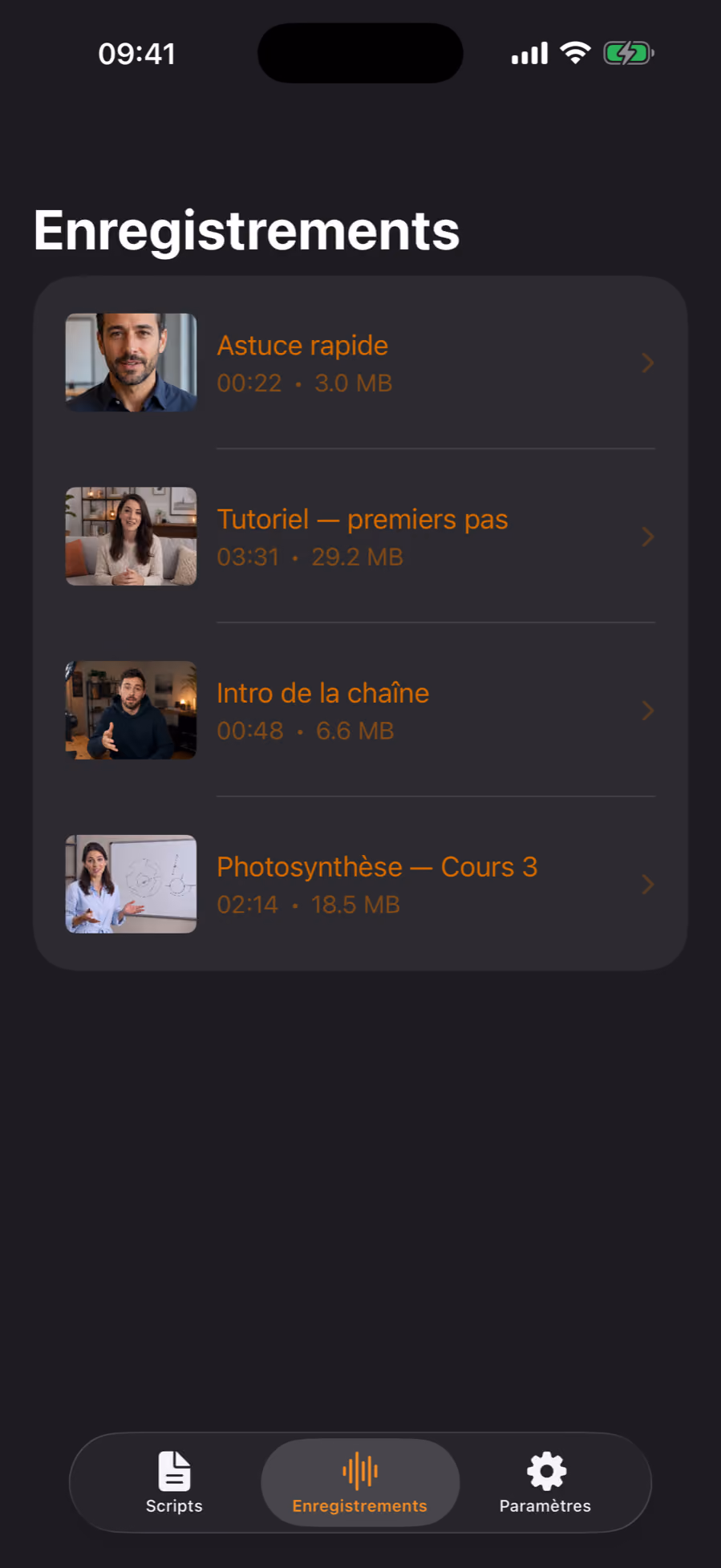 L'écran Enregistrements de Teleprompter Pro, avec des vidéos prêtes à partager